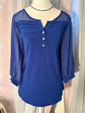 Women's Royal Blue Sheer-Sleeve Tunic with Crystal Buttons